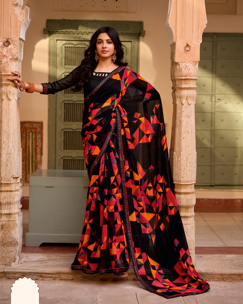 Vishal Prints Midnight Black Printed Georgette Saree With Fancy Border