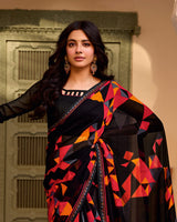 Vishal Prints Midnight Black Printed Georgette Saree With Fancy Border