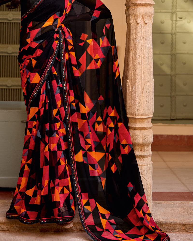 Vishal Prints Midnight Black Printed Georgette Saree With Fancy Border