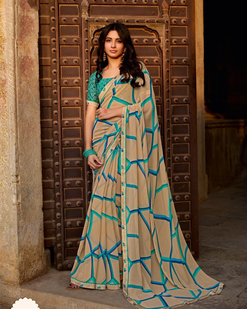 Vishal Prints Pinkish Tan Printed Georgette Saree With Fancy Border