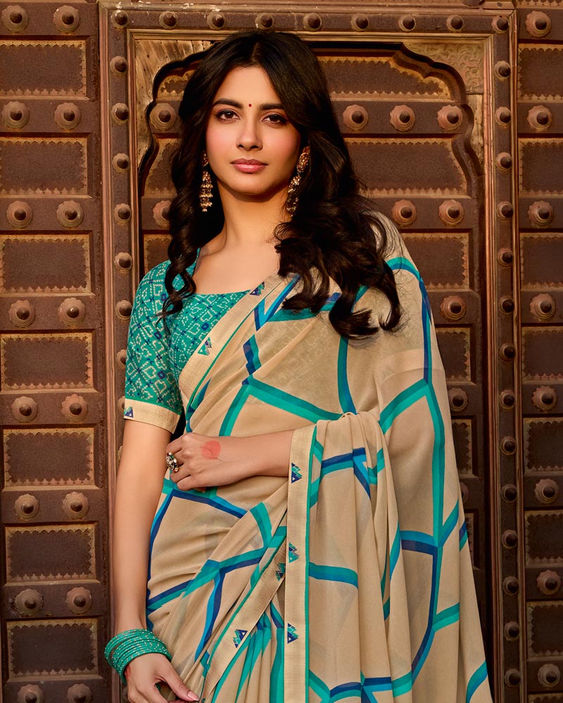 Vishal Prints Pinkish Tan Printed Georgette Saree With Fancy Border