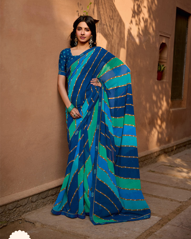 Vishal Prints Royal Blue Printed Georgette Saree With Fancy Border
