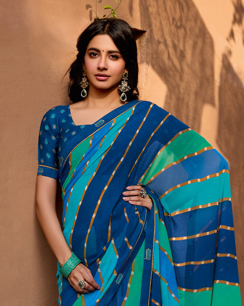 Vishal Prints Royal Blue Printed Georgette Saree With Fancy Border