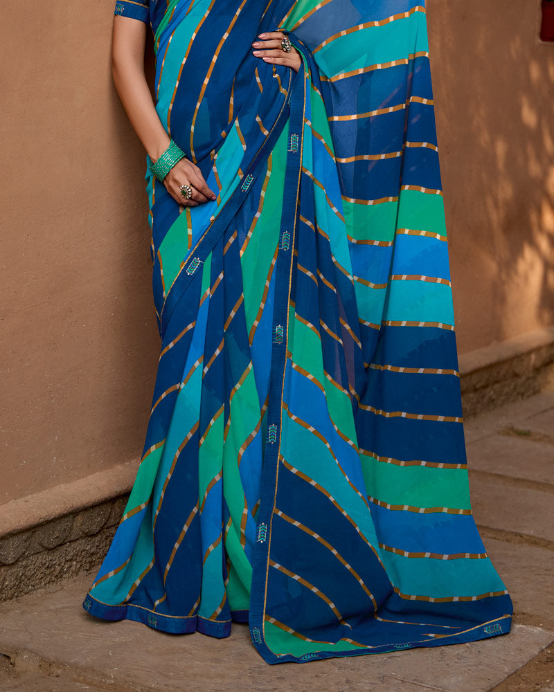 Vishal Prints Royal Blue Printed Georgette Saree With Fancy Border