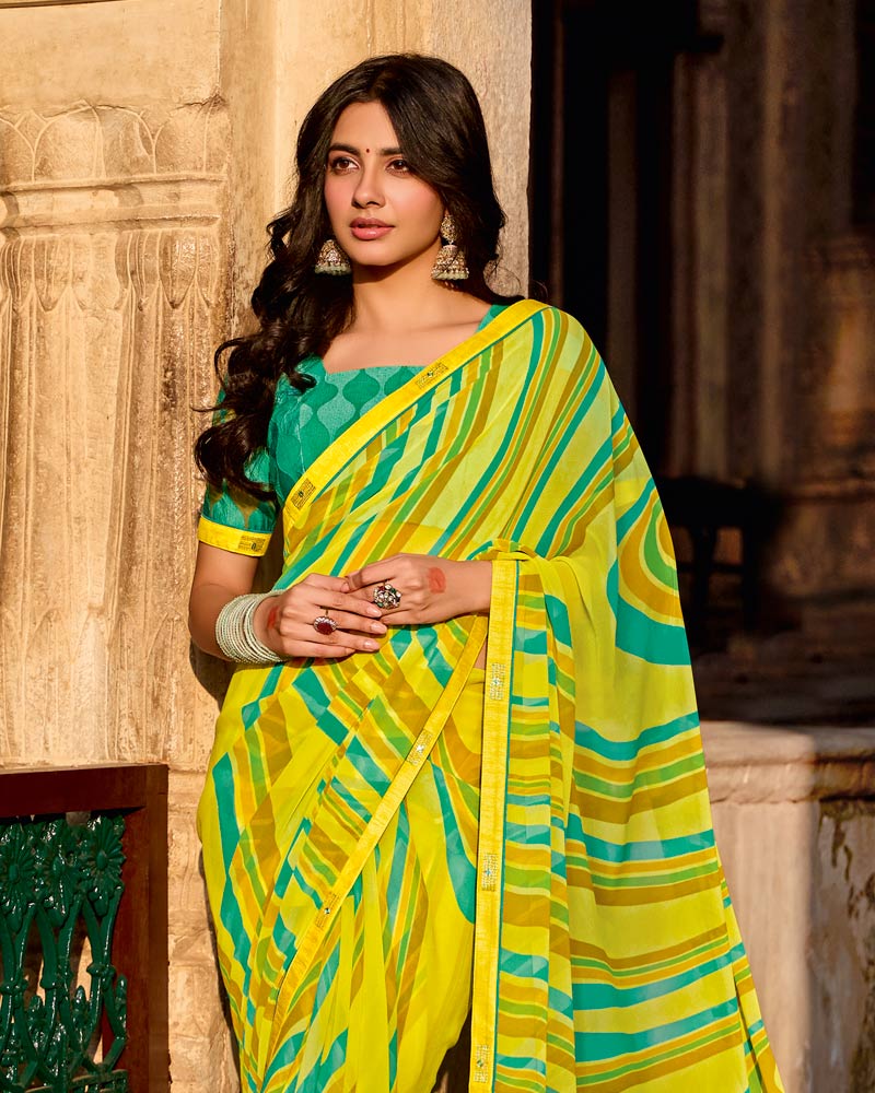 Vishal Prints Lime Yellow Printed Georgette Saree With Fancy Border