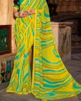 Vishal Prints Lime Yellow Printed Georgette Saree With Fancy Border
