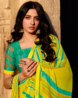 Vishal Prints Lime Yellow Printed Georgette Saree With Fancy Border