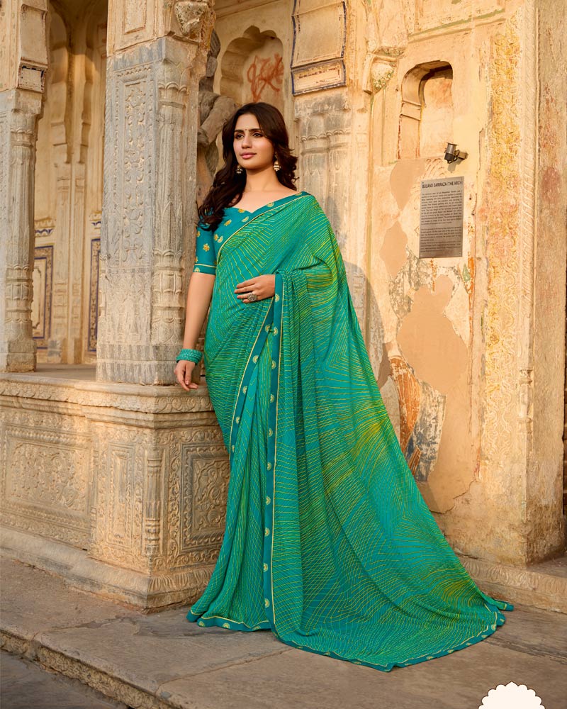 Vishal Prints Jade Green Printed Georgette Saree With Fancy Border