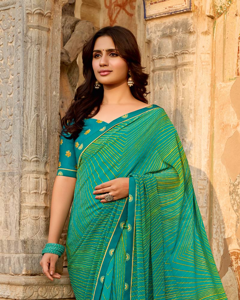 Vishal Prints Jade Green Printed Georgette Saree With Fancy Border