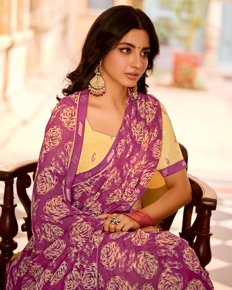 Vishal Prints Light Plum Printed Georgette Saree With Fancy Border