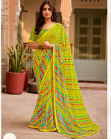 Vishal Prints Lime Yellow Printed Georgette Saree With Fancy Border
