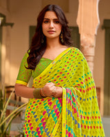 Vishal Prints Lime Yellow Printed Georgette Saree With Fancy Border