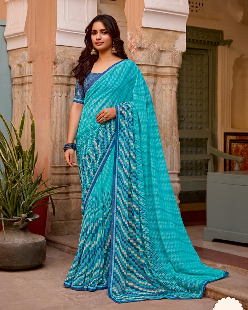 Vishal Prints Aqua Blue Printed Georgette Saree With Fancy Border