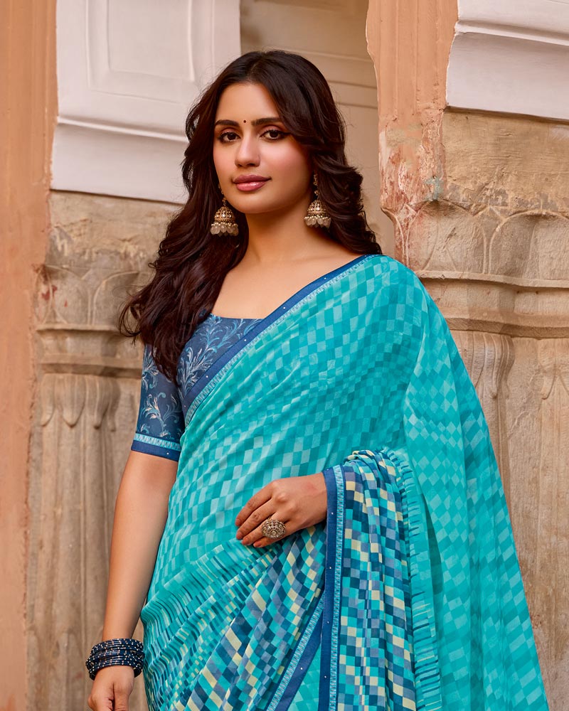 Vishal Prints Aqua Blue Printed Georgette Saree With Fancy Border