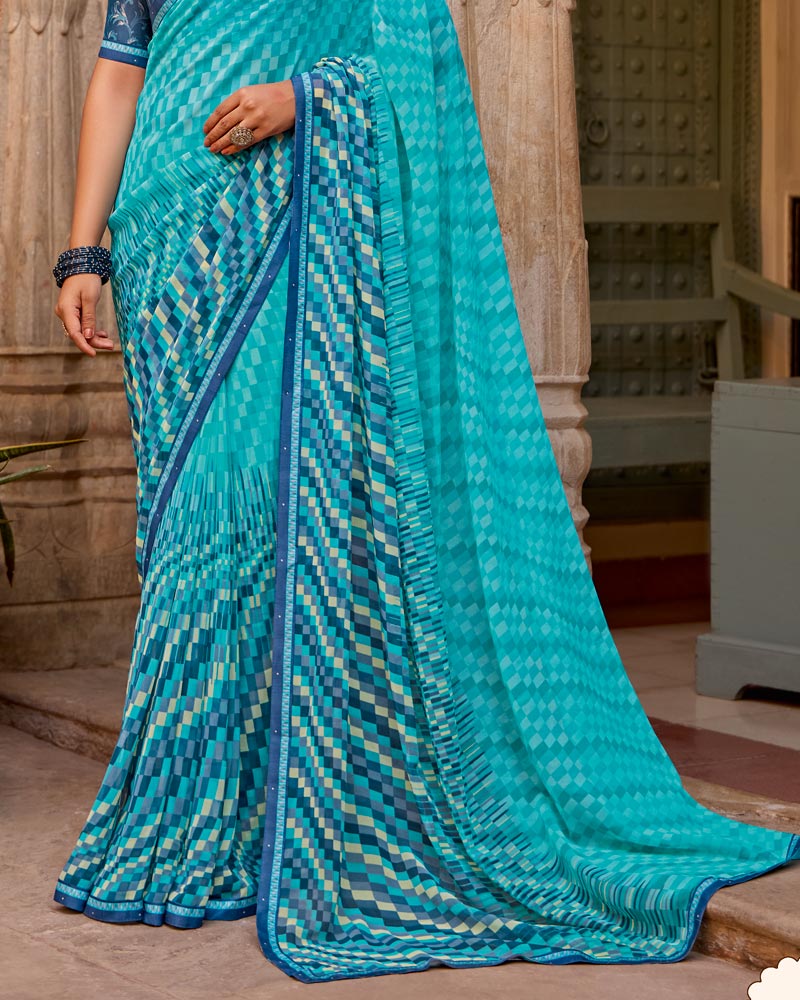 Vishal Prints Aqua Blue Printed Georgette Saree With Fancy Border