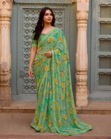 Vishal Prints Sage Green Printed Georgette Saree With Fancy Border