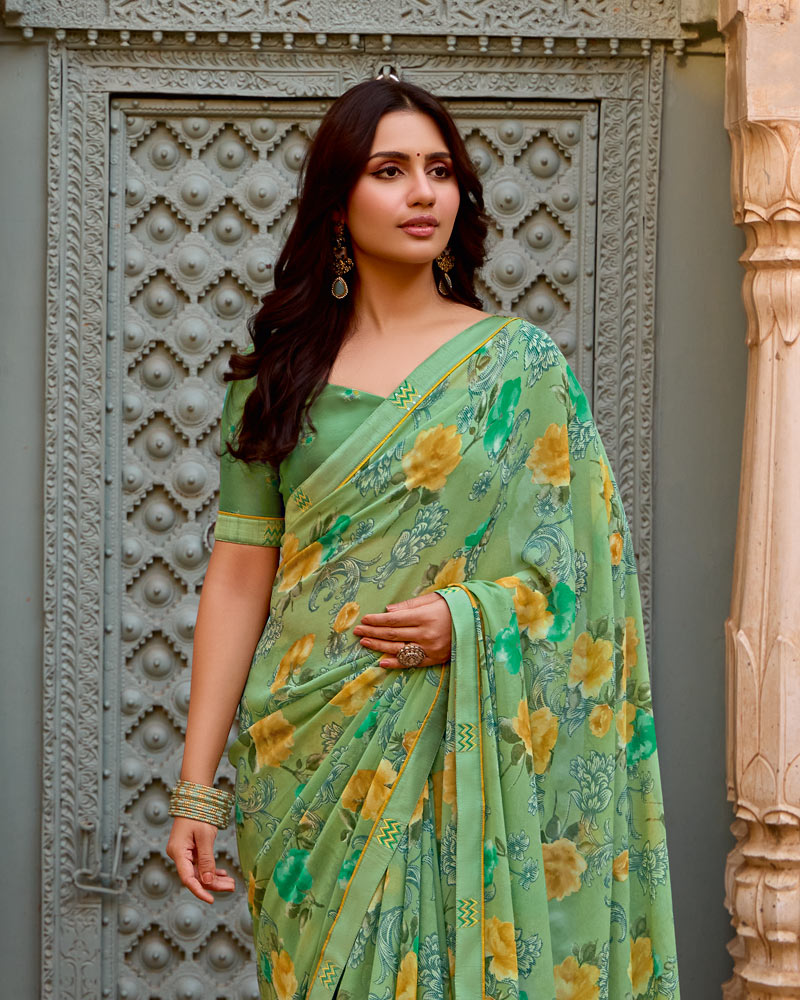 Vishal Prints Sage Green Printed Georgette Saree With Fancy Border