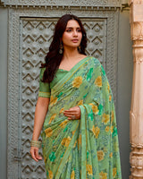 Vishal Prints Sage Green Printed Georgette Saree With Fancy Border