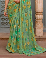 Vishal Prints Sage Green Printed Georgette Saree With Fancy Border