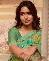 Vishal Prints Sage Green Printed Georgette Saree With Fancy Border