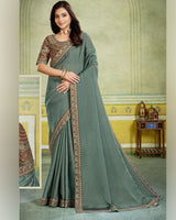 Vishal Prints Corduroy Grey Designer Fancy Chiffon Saree With Diamond Work And Embroidery Border