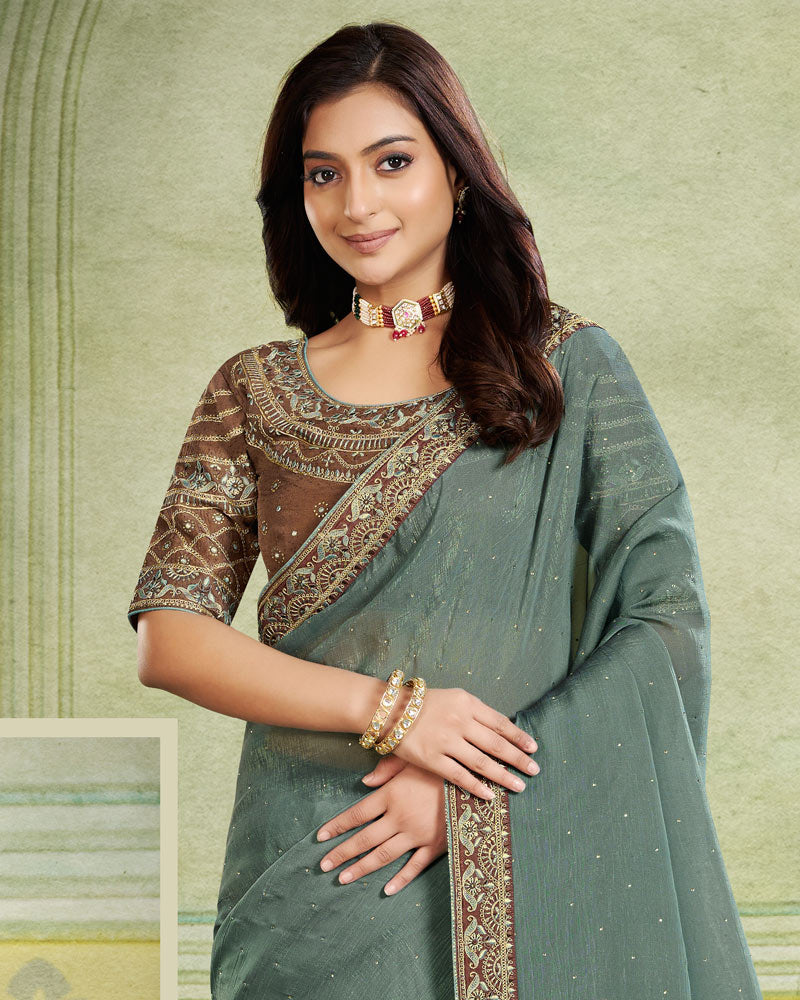 Vishal Prints Corduroy Grey Designer Fancy Chiffon Saree With Diamond Work And Embroidery Border