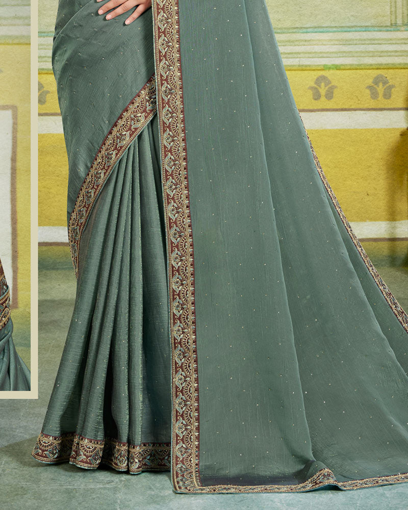 Vishal Prints Corduroy Grey Designer Fancy Chiffon Saree With Diamond Work And Embroidery Border