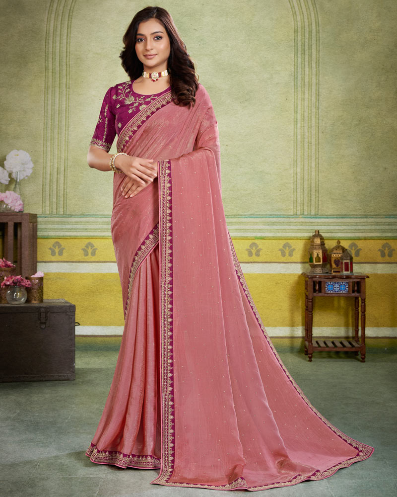 Vishal Prints Dusty Pink Designer Fancy Chiffon Saree With Diamond Work And Embroidery Border