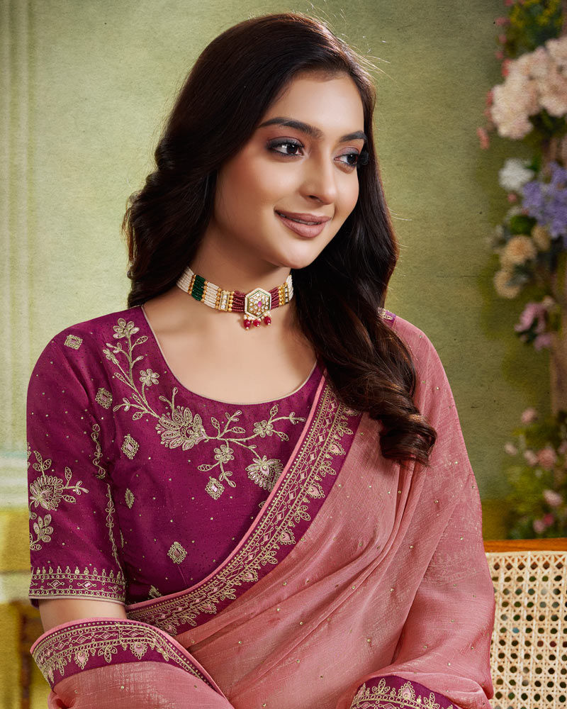 Vishal Prints Dusty Pink Designer Fancy Chiffon Saree With Diamond Work And Embroidery Border