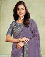 Vishal Prints Pastel Purple Designer Fancy Chiffon Saree With Diamond Work And Embroidery Border