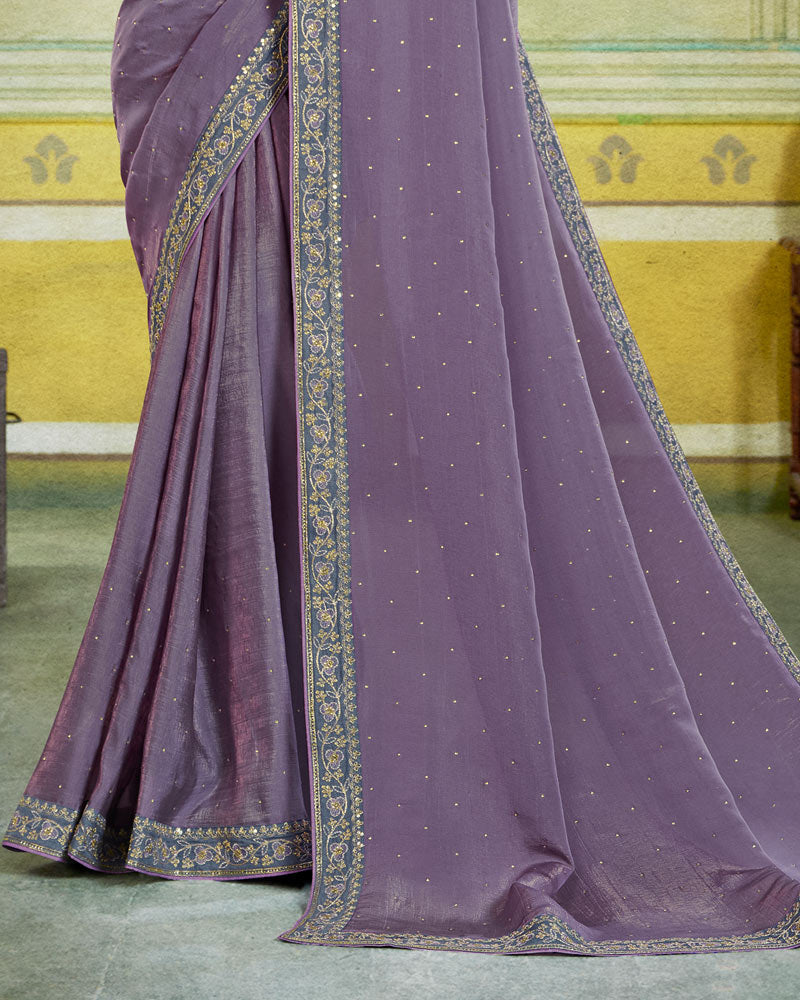 Vishal Prints Pastel Purple Designer Fancy Chiffon Saree With Diamond Work And Embroidery Border