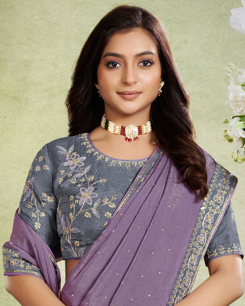 Vishal Prints Pastel Purple Designer Fancy Chiffon Saree With Diamond Work And Embroidery Border