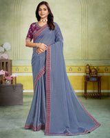 Vishal Prints Bluish Grey Designer Fancy Chiffon Saree With Diamond Work And Embroidery Border