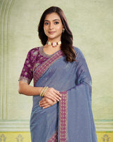 Vishal Prints Bluish Grey Designer Fancy Chiffon Saree With Diamond Work And Embroidery Border