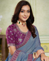 Vishal Prints Bluish Grey Designer Fancy Chiffon Saree With Diamond Work And Embroidery Border