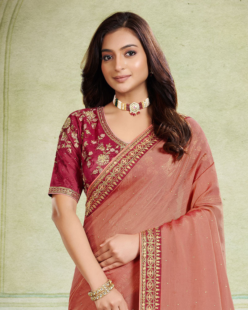 Vishal Prints Antique Brass Designer Fancy Chiffon Saree With Diamond Work And Embroidery Border