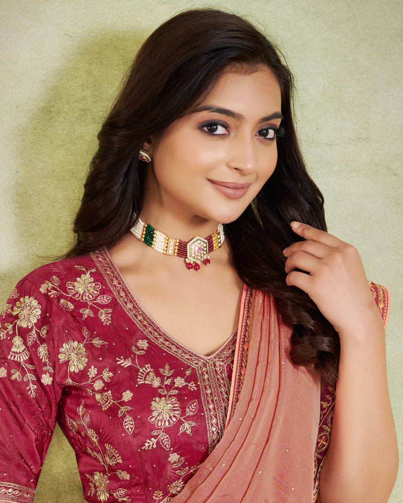 Vishal Prints Antique Brass Designer Fancy Chiffon Saree With Diamond Work And Embroidery Border