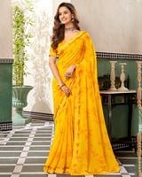 Vishal Prints Dark Yellow Printed Georgette Saree With Foil Print And Fancy Border