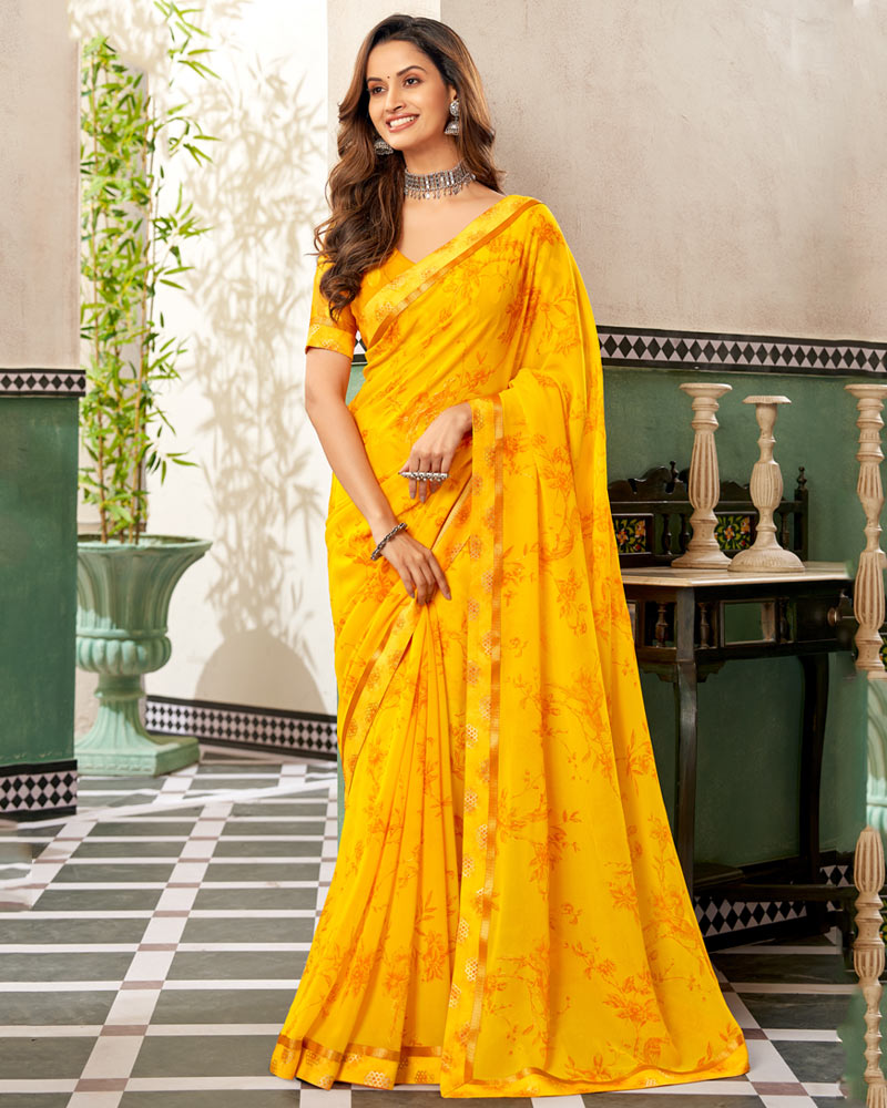 Vishal Prints Dark Yellow Printed Georgette Saree With Foil Print And Fancy Border