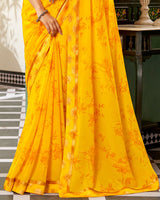 Vishal Prints Dark Yellow Printed Georgette Saree With Foil Print And Fancy Border