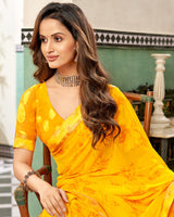Vishal Prints Dark Yellow Printed Georgette Saree With Foil Print And Fancy Border