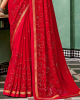 Vishal Prints Cherry Red Printed Georgette Saree With Foil Print And Fancy Border