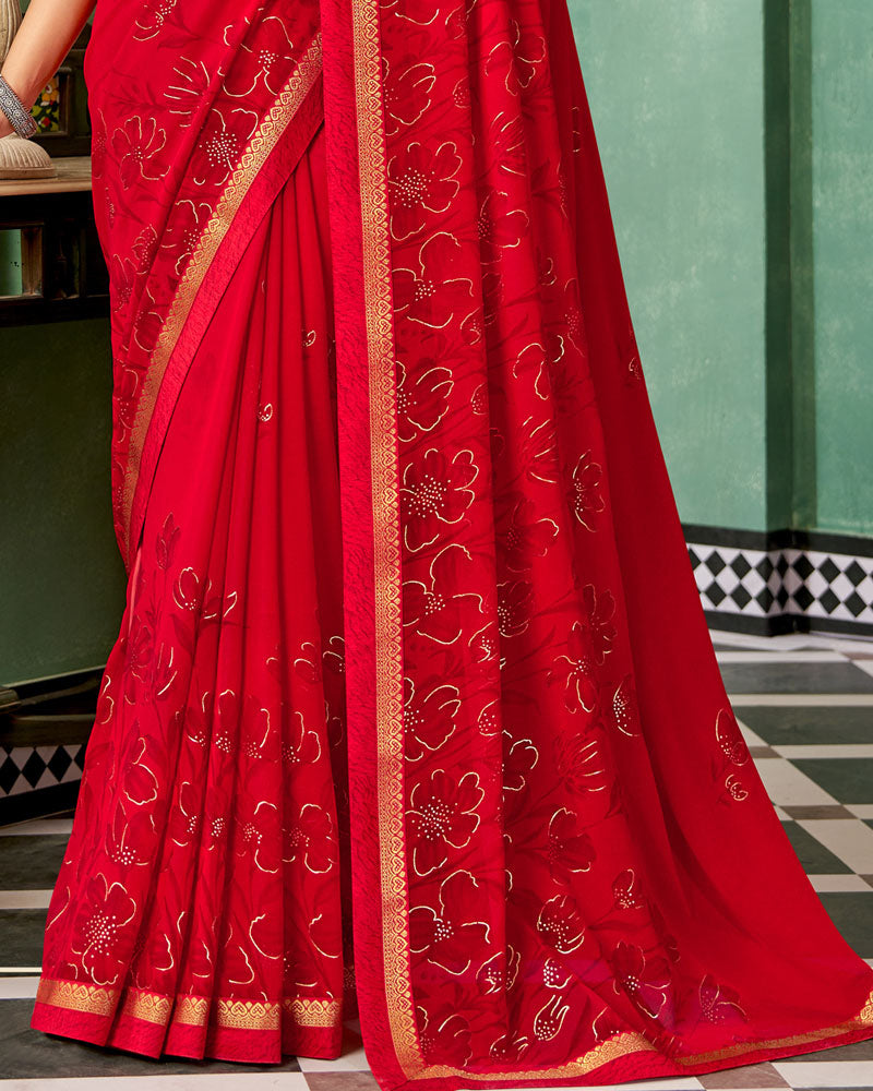 Vishal Prints Cherry Red Printed Georgette Saree With Foil Print And Fancy Border