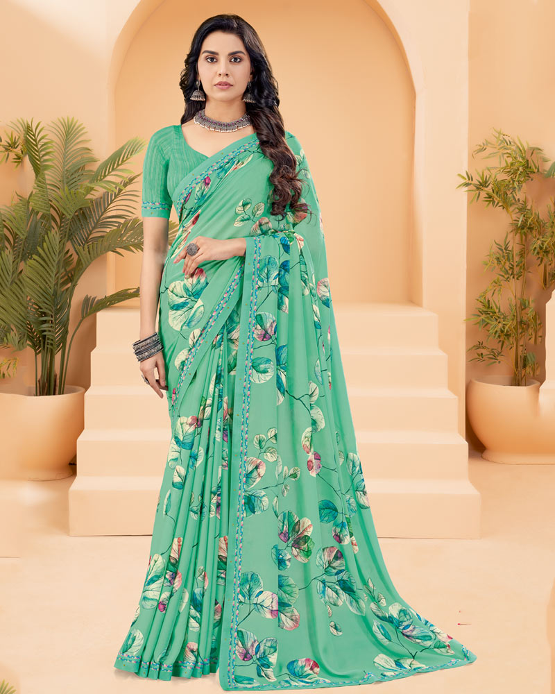Vishal Prints Light Teal Green Printed Criva Crepe Saree With Printed Fancy Border