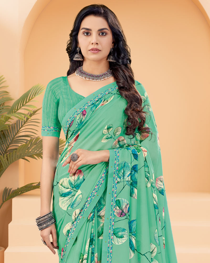 Vishal Prints Light Teal Green Printed Criva Crepe Saree With Printed Fancy Border