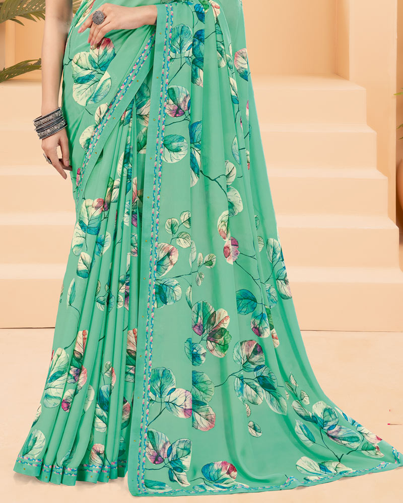 Vishal Prints Light Teal Green Printed Criva Crepe Saree With Printed Fancy Border