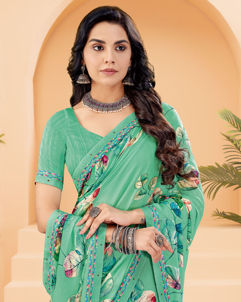 Vishal Prints Light Teal Green Printed Criva Crepe Saree With Printed Fancy Border