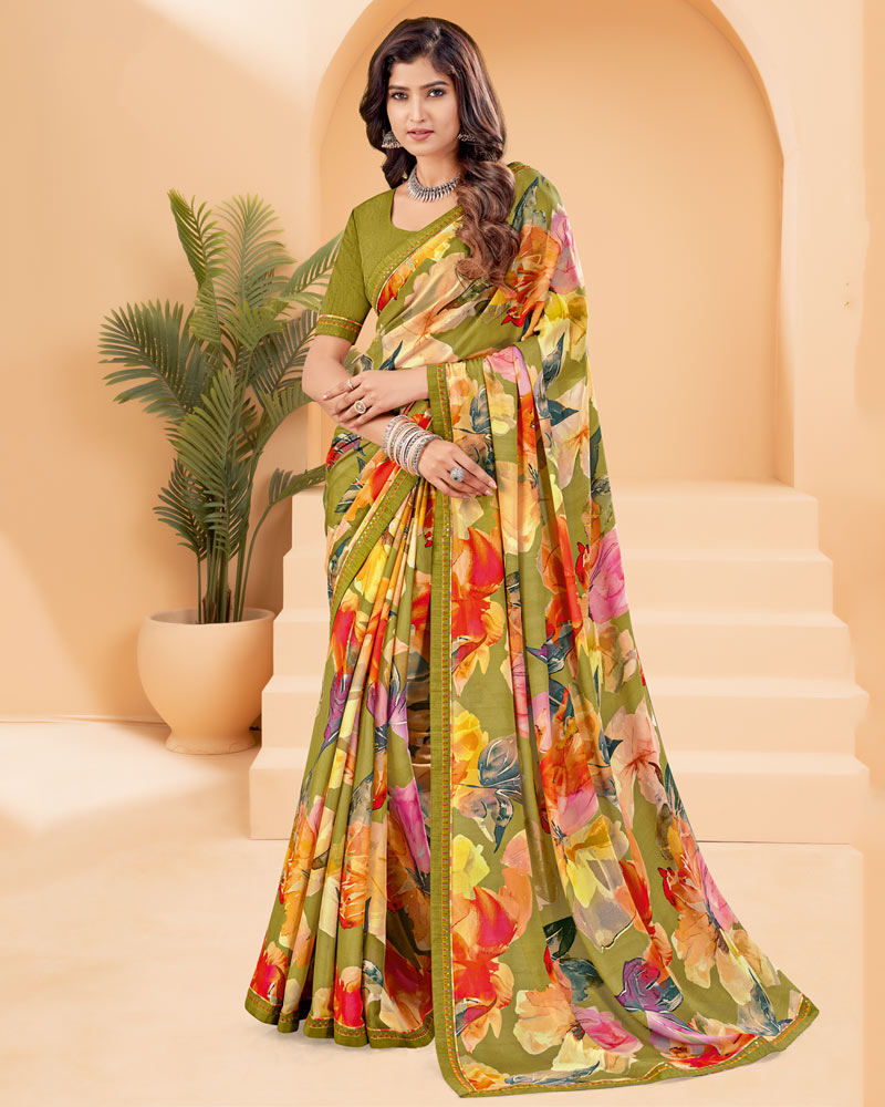 Vishal Prints Olive Green Printed Criva Crepe Saree With Printed Fancy Border