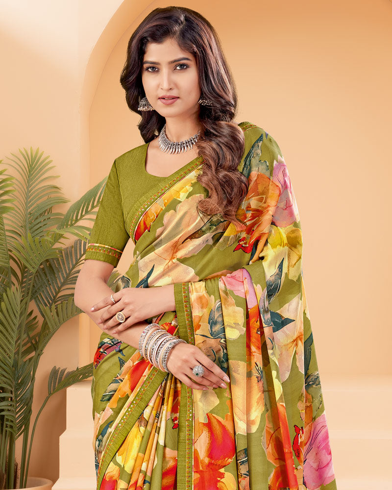 Vishal Prints Olive Green Printed Criva Crepe Saree With Printed Fancy Border
