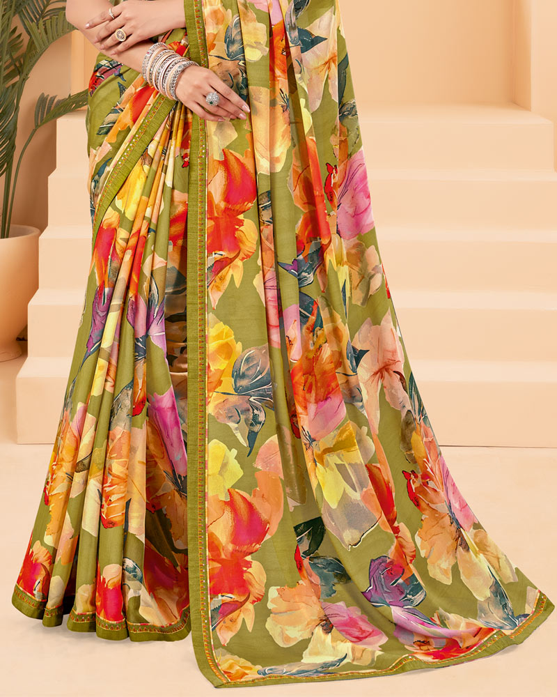 Vishal Prints Olive Green Printed Criva Crepe Saree With Printed Fancy Border